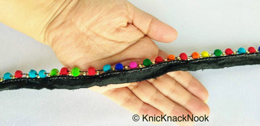 Multicoloured Velvet Beads With Black Cotton Trim, Fringe Trim, Approx. 16 mm wide - 210119L367